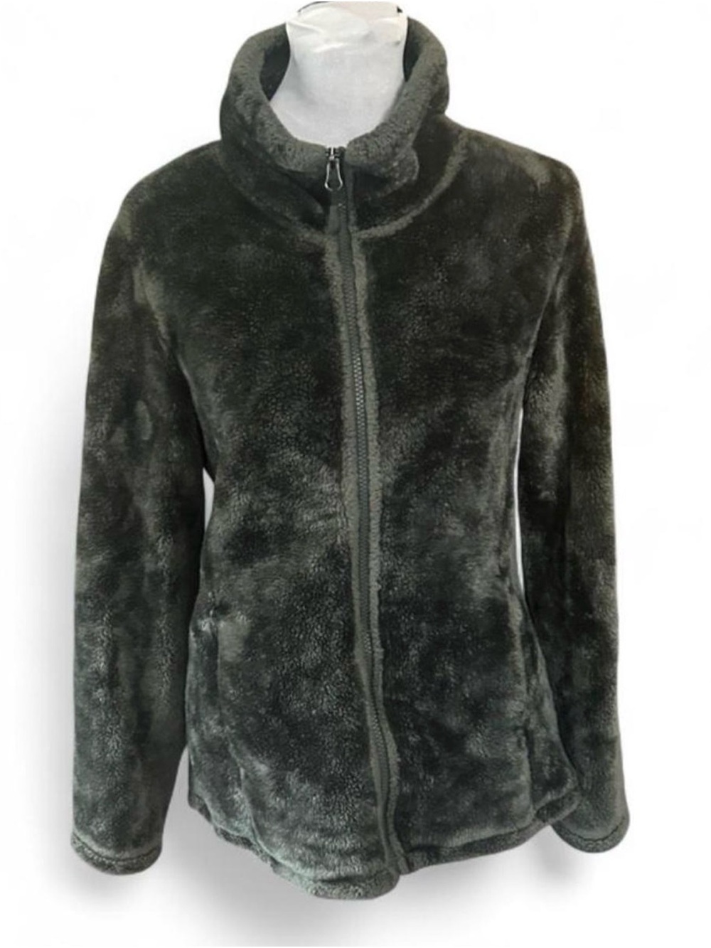 Gray polyester fleece jacket with pockets